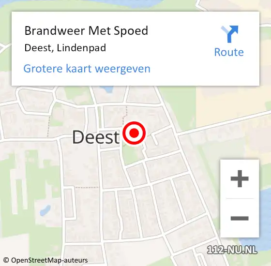 Locatie op kaart van de 112 melding: Brandweer Met Spoed Naar Deest, Lindenpad op 9 augustus 2023 09:38