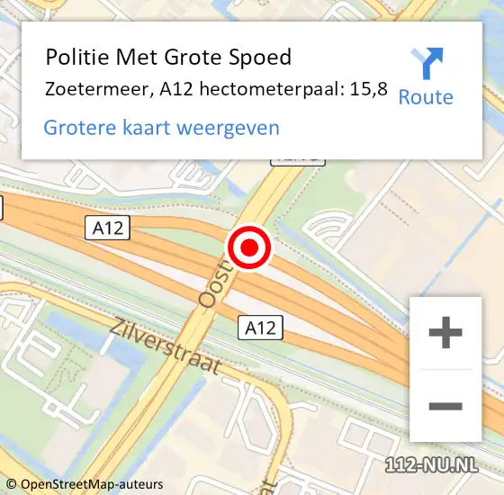 Locatie op kaart van de 112 melding: Politie Met Grote Spoed Naar Zoetermeer, A12 hectometerpaal: 15,8 op 9 augustus 2023 11:45