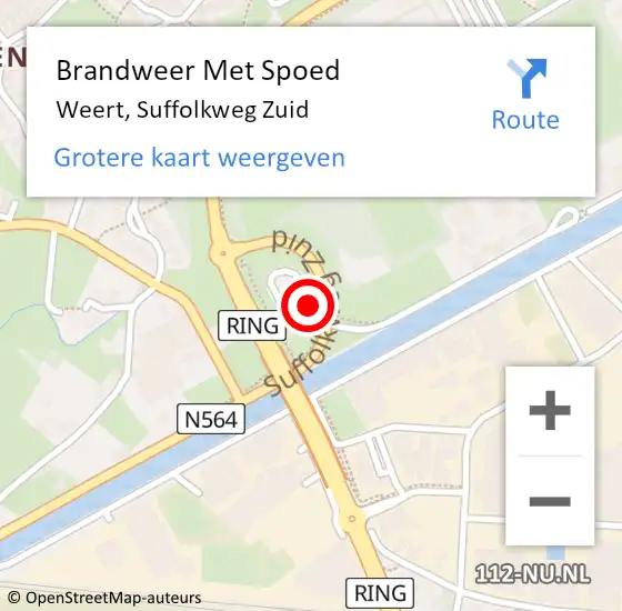 Locatie op kaart van de 112 melding: Brandweer Met Spoed Naar Weert, Suffolkweg Zuid op 9 augustus 2023 13:12