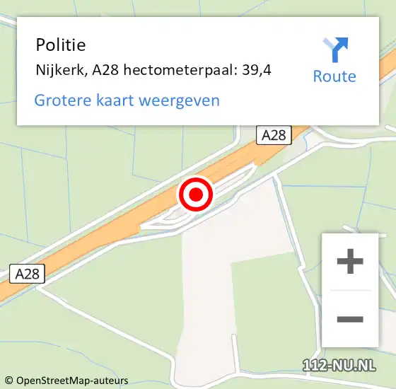 Locatie op kaart van de 112 melding: Politie Nijkerk, A28 hectometerpaal: 39,4 op 9 augustus 2023 16:44
