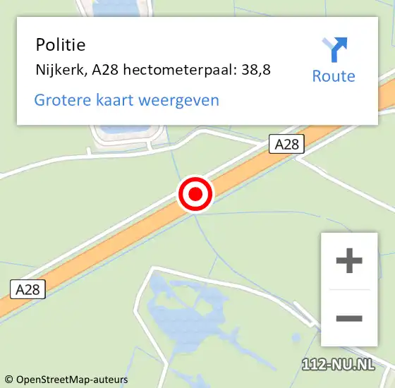 Locatie op kaart van de 112 melding: Politie Nijkerk, A28 hectometerpaal: 38,8 op 9 augustus 2023 16:45