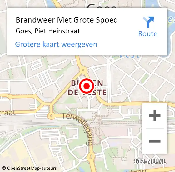 Locatie op kaart van de 112 melding: Brandweer Met Grote Spoed Naar Goes, Piet Heinstraat op 9 augustus 2023 17:28