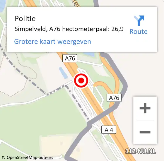 Locatie op kaart van de 112 melding: Politie Simpelveld, A76 hectometerpaal: 26,9 op 9 augustus 2023 19:07