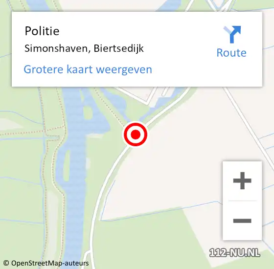 Locatie op kaart van de 112 melding: Politie Simonshaven, Biertsedijk op 9 augustus 2023 20:51