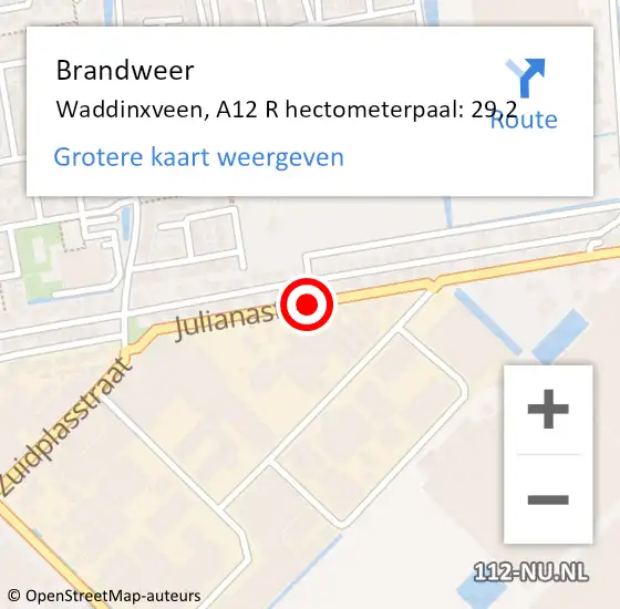 Locatie op kaart van de 112 melding: Brandweer Waddinxveen, A12 R hectometerpaal: 29,2 op 4 september 2014 11:34