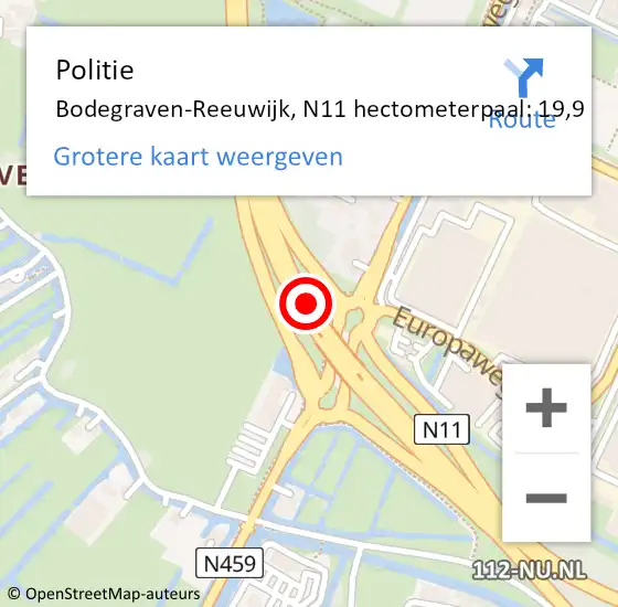 Locatie op kaart van de 112 melding: Politie Bodegraven-Reeuwijk, N11 hectometerpaal: 19,9 op 10 augustus 2023 00:22