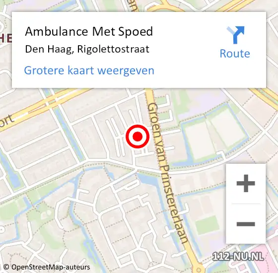 Locatie op kaart van de 112 melding: Ambulance Met Spoed Naar Den Haag, Rigolettostraat op 10 augustus 2023 09:49