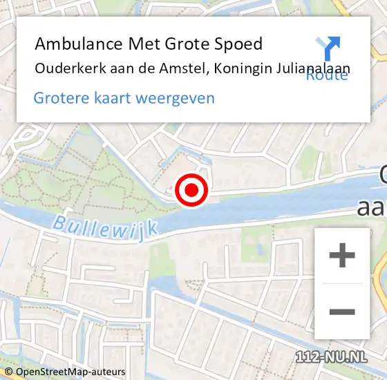 Locatie op kaart van de 112 melding: Ambulance Met Grote Spoed Naar Ouderkerk aan de Amstel, Koningin Julianalaan op 10 augustus 2023 10:27