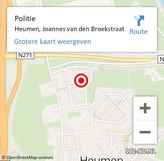 Locatie op kaart van de 112 melding: Politie Heumen, Joannes van den Broekstraat op 10 augustus 2023 11:08
