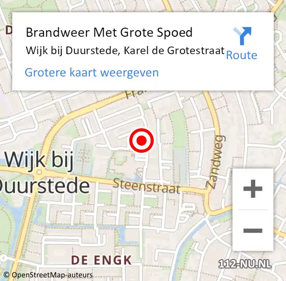 Locatie op kaart van de 112 melding: Brandweer Met Grote Spoed Naar Wijk bij Duurstede, Karel de Grotestraat op 10 augustus 2023 12:25