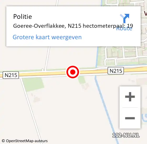 Locatie op kaart van de 112 melding: Politie Goeree-Overflakkee, N215 hectometerpaal: 19 op 10 augustus 2023 12:26