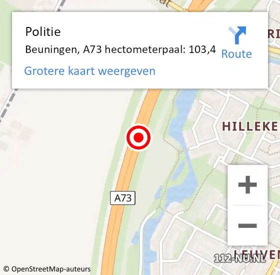Locatie op kaart van de 112 melding: Politie Beuningen, A73 hectometerpaal: 103,4 op 10 augustus 2023 12:29