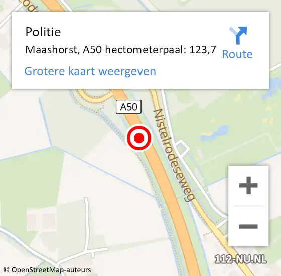 Locatie op kaart van de 112 melding: Politie Maashorst, A50 hectometerpaal: 123,7 op 10 augustus 2023 12:32