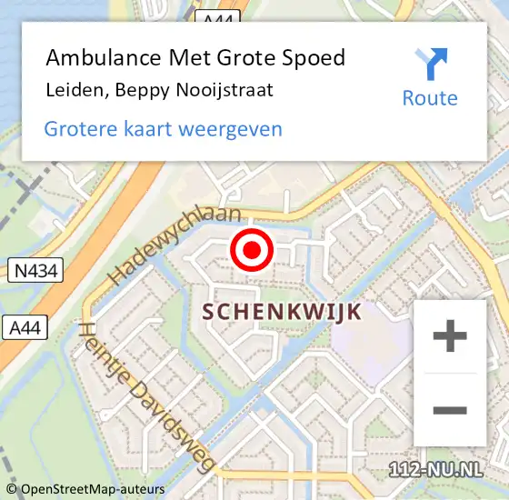 Locatie op kaart van de 112 melding: Ambulance Met Grote Spoed Naar Leiden, Beppy Nooijstraat op 10 augustus 2023 13:07