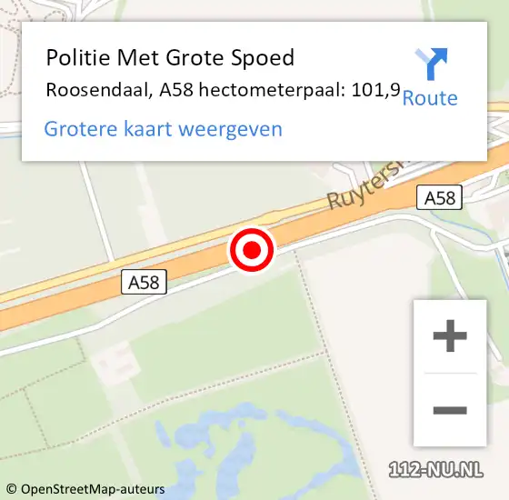 Locatie op kaart van de 112 melding: Politie Met Grote Spoed Naar Roosendaal, A58 hectometerpaal: 101,9 op 10 augustus 2023 13:29