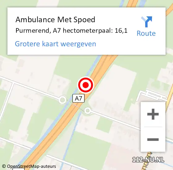 Locatie op kaart van de 112 melding: Ambulance Met Spoed Naar Purmerend, A7 hectometerpaal: 16,1 op 10 augustus 2023 14:44