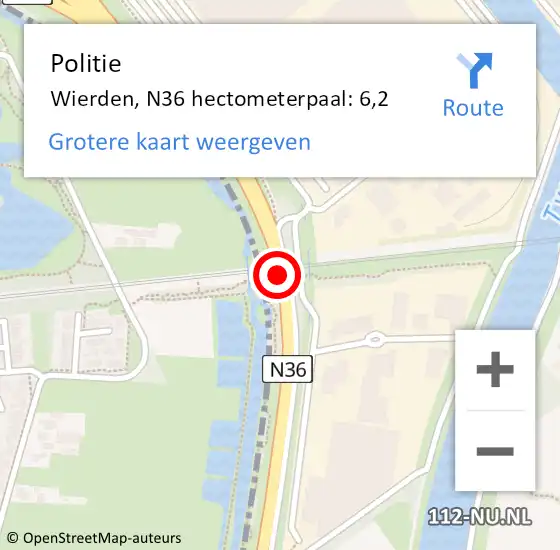 Locatie op kaart van de 112 melding: Politie Wierden, N36 hectometerpaal: 6,2 op 10 augustus 2023 16:27