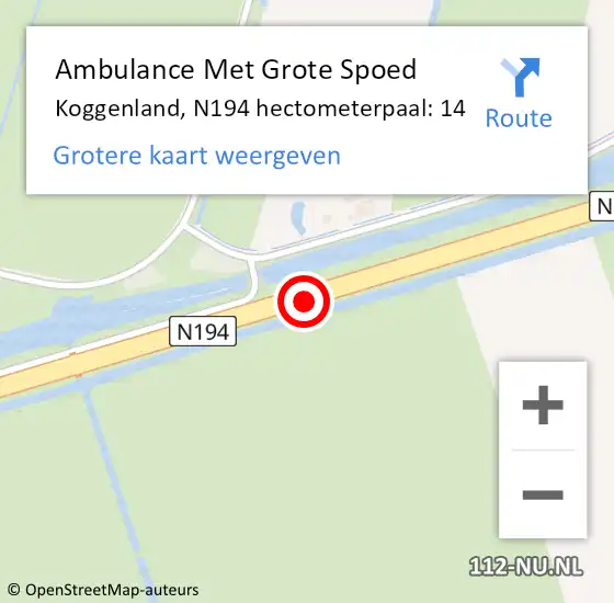 Locatie op kaart van de 112 melding: Ambulance Met Grote Spoed Naar Koggenland, N194 hectometerpaal: 14 op 10 augustus 2023 16:48