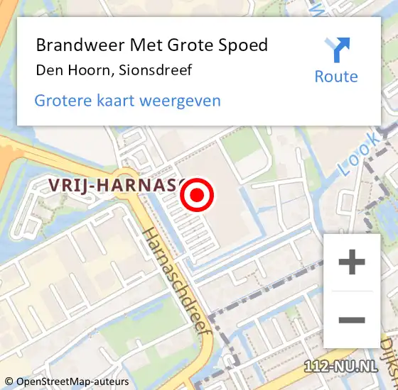 Locatie op kaart van de 112 melding: Brandweer Met Grote Spoed Naar Den Hoorn, Sionsdreef op 10 augustus 2023 16:54