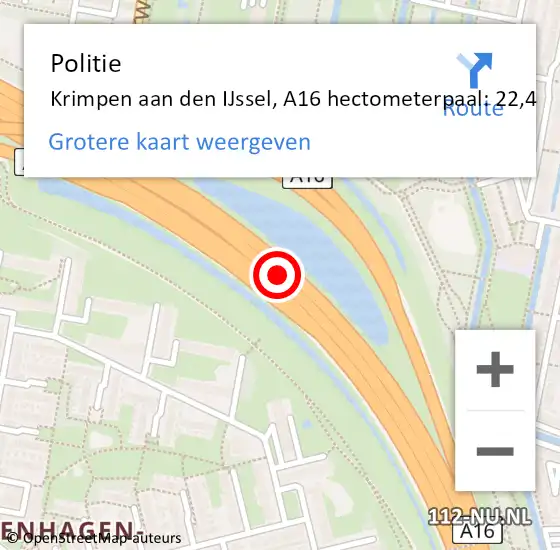 Locatie op kaart van de 112 melding: Politie Krimpen aan den IJssel, A16 hectometerpaal: 22,4 op 10 augustus 2023 17:25