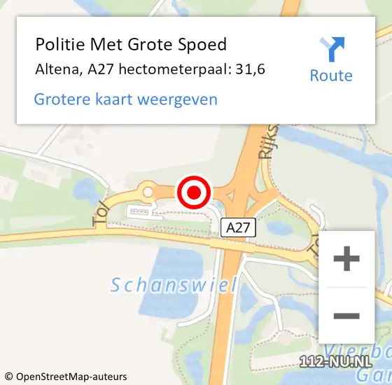 Locatie op kaart van de 112 melding: Politie Met Grote Spoed Naar Altena, A27 hectometerpaal: 31,6 op 10 augustus 2023 17:52