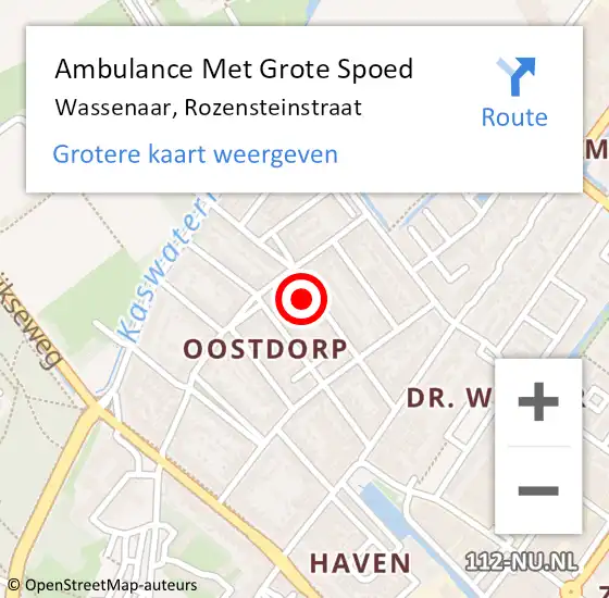 Locatie op kaart van de 112 melding: Ambulance Met Grote Spoed Naar Wassenaar, Rozensteinstraat op 10 augustus 2023 18:46