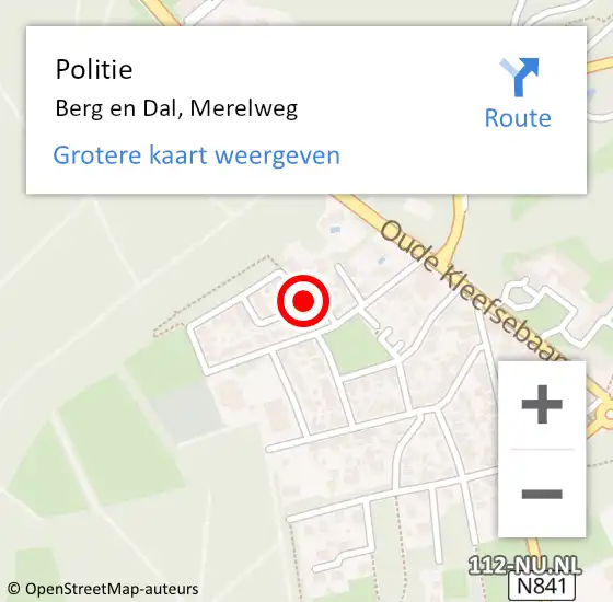 Locatie op kaart van de 112 melding: Politie Berg en Dal, Merelweg op 10 augustus 2023 21:03