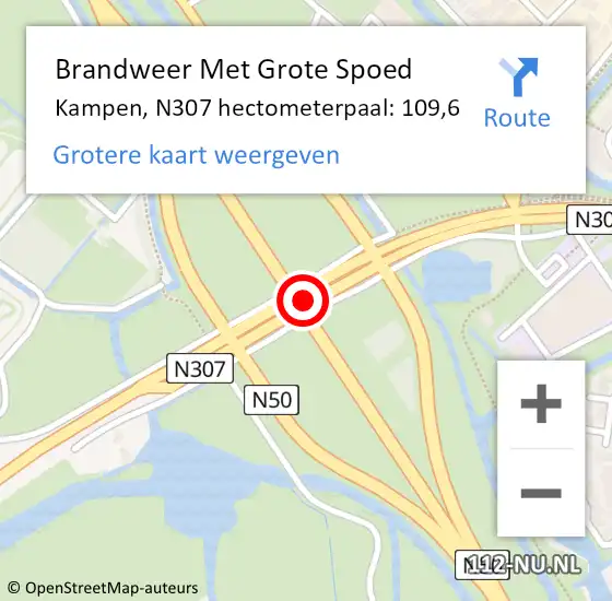 Locatie op kaart van de 112 melding: Brandweer Met Grote Spoed Naar Kampen, N307 hectometerpaal: 109,6 op 10 augustus 2023 23:42