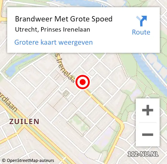 Locatie op kaart van de 112 melding: Brandweer Met Grote Spoed Naar Utrecht, Prinses Irenelaan op 11 augustus 2023 03:07