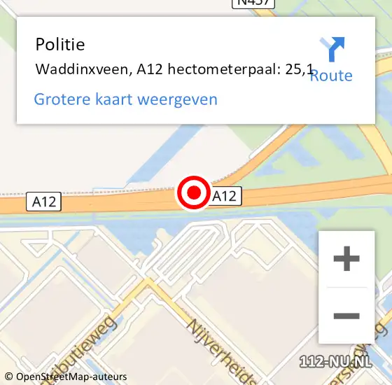 Locatie op kaart van de 112 melding: Politie Waddinxveen, A12 hectometerpaal: 25,1 op 11 augustus 2023 08:24