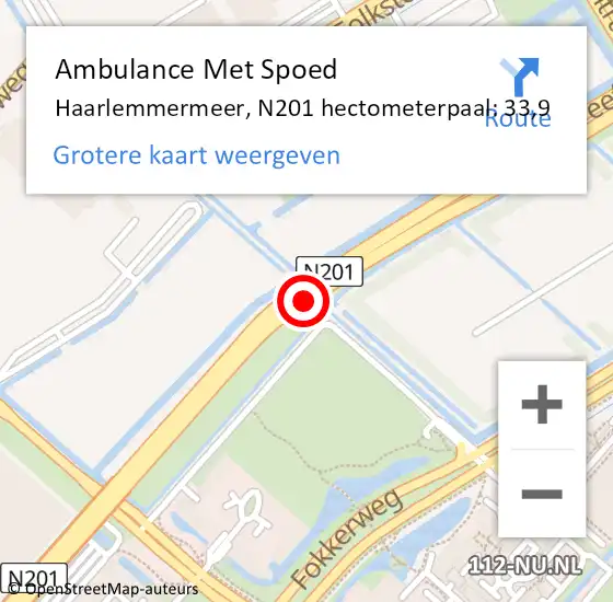 Locatie op kaart van de 112 melding: Ambulance Met Spoed Naar Haarlemmermeer, N201 hectometerpaal: 33,9 op 11 augustus 2023 08:37