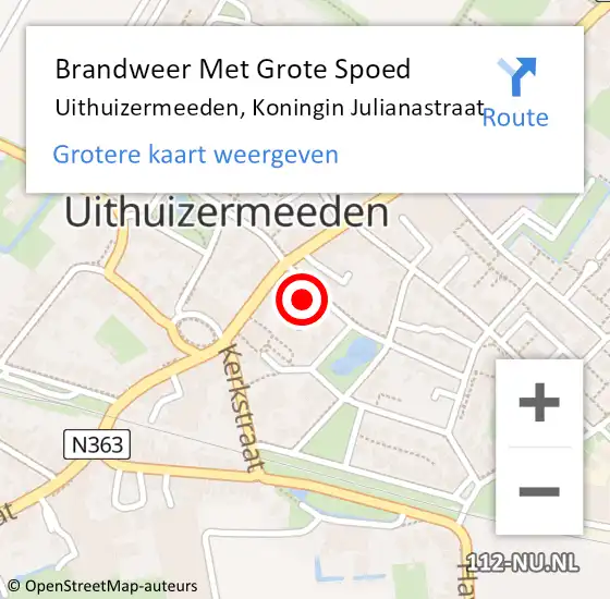 Locatie op kaart van de 112 melding: Brandweer Met Grote Spoed Naar Uithuizermeeden, Koningin Julianastraat op 4 september 2014 13:36