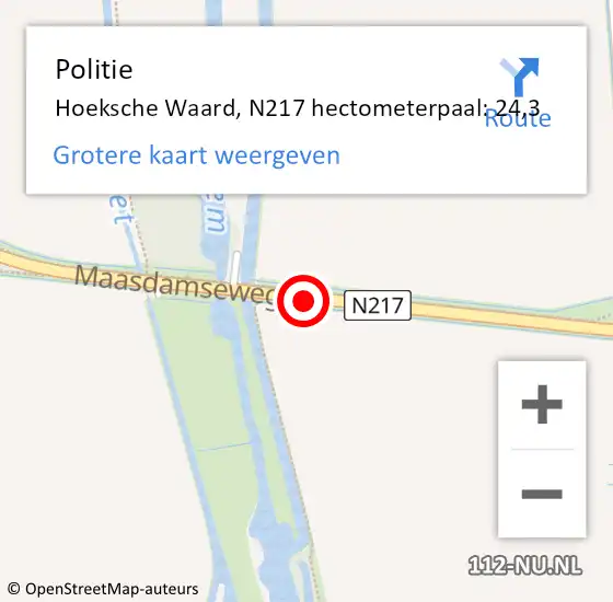 Locatie op kaart van de 112 melding: Politie Hoeksche Waard, N217 hectometerpaal: 24,3 op 11 augustus 2023 09:50
