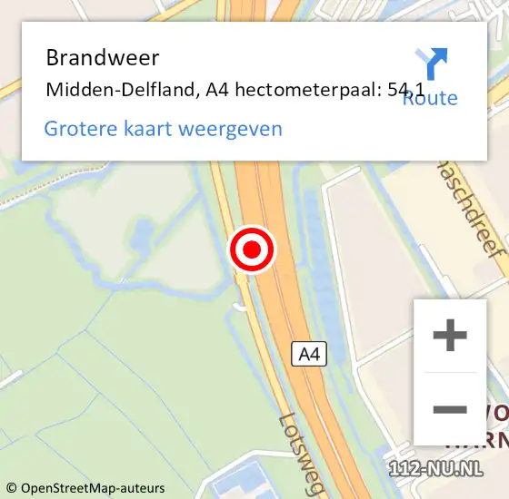 Locatie op kaart van de 112 melding: Brandweer Midden-Delfland, A4 hectometerpaal: 54,1 op 11 augustus 2023 13:31