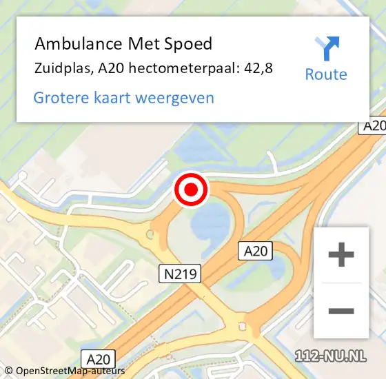 Locatie op kaart van de 112 melding: Ambulance Met Spoed Naar Zuidplas, A20 hectometerpaal: 42,8 op 11 augustus 2023 13:55