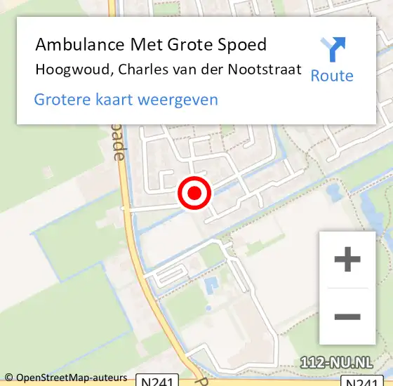 Locatie op kaart van de 112 melding: Ambulance Met Grote Spoed Naar Hoogwoud, Charles van der Nootstraat op 11 augustus 2023 14:12