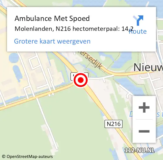 Locatie op kaart van de 112 melding: Ambulance Met Spoed Naar Molenlanden, N216 hectometerpaal: 14,2 op 11 augustus 2023 15:07