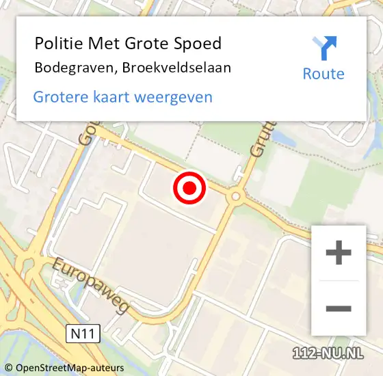 Locatie op kaart van de 112 melding: Politie Met Grote Spoed Naar Bodegraven, Broekveldselaan op 11 augustus 2023 15:11