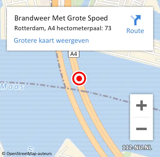 Locatie op kaart van de 112 melding: Brandweer Met Grote Spoed Naar Rotterdam, A4 hectometerpaal: 73 op 11 augustus 2023 15:42