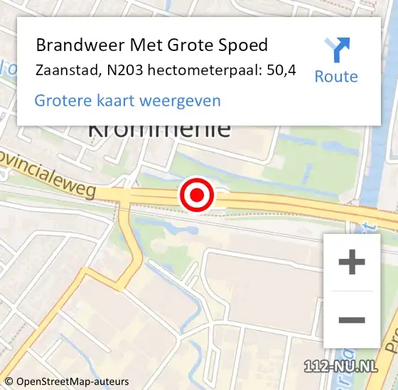 Locatie op kaart van de 112 melding: Brandweer Met Grote Spoed Naar Zaanstad, N203 hectometerpaal: 50,4 op 11 augustus 2023 16:02
