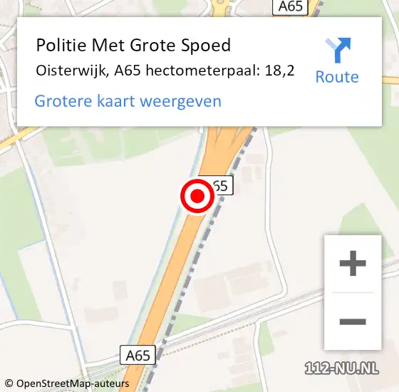 Locatie op kaart van de 112 melding: Politie Met Grote Spoed Naar Oisterwijk, A65 hectometerpaal: 18,2 op 11 augustus 2023 16:58