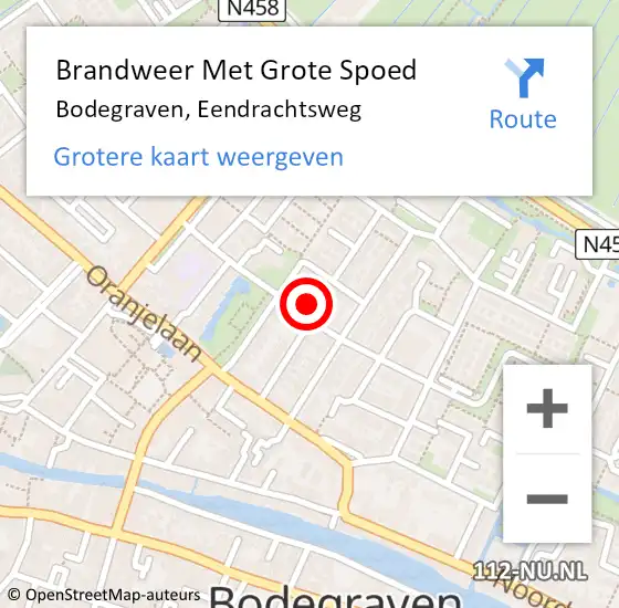 Locatie op kaart van de 112 melding: Brandweer Met Grote Spoed Naar Bodegraven, Eendrachtsweg op 11 augustus 2023 17:45