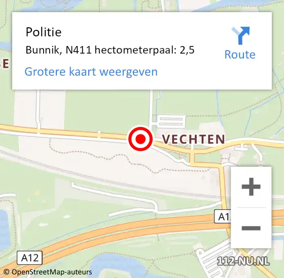 Locatie op kaart van de 112 melding: Politie Bunnik, N411 hectometerpaal: 2,5 op 11 augustus 2023 19:03