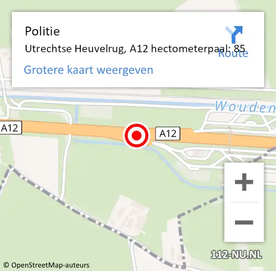 Locatie op kaart van de 112 melding: Politie Utrechtse Heuvelrug, A12 hectometerpaal: 85 op 11 augustus 2023 19:34