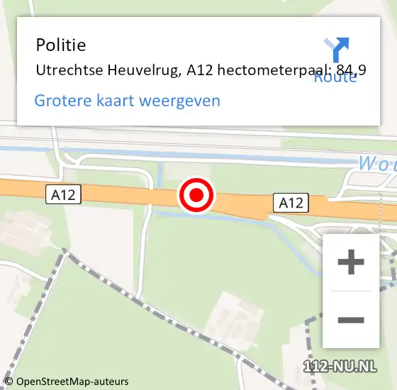 Locatie op kaart van de 112 melding: Politie Utrechtse Heuvelrug, A12 hectometerpaal: 84,9 op 11 augustus 2023 19:35