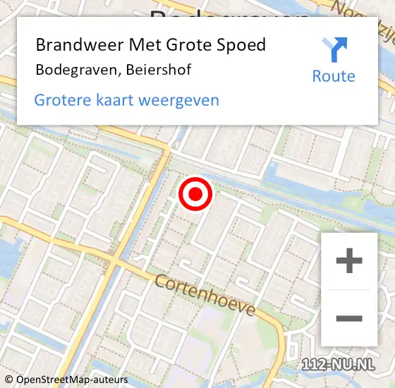 Locatie op kaart van de 112 melding: Brandweer Met Grote Spoed Naar Bodegraven, Beiershof op 11 augustus 2023 22:11