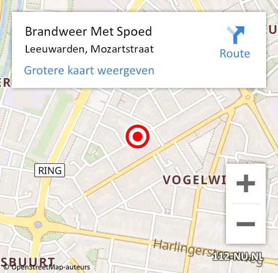 Locatie op kaart van de 112 melding: Brandweer Met Spoed Naar Leeuwarden, Mozartstraat op 4 september 2014 14:50