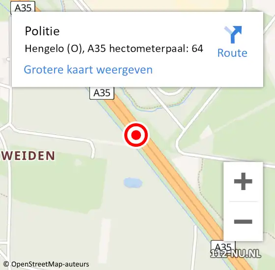 Locatie op kaart van de 112 melding: Politie Hengelo (O), A35 hectometerpaal: 64 op 11 augustus 2023 23:29