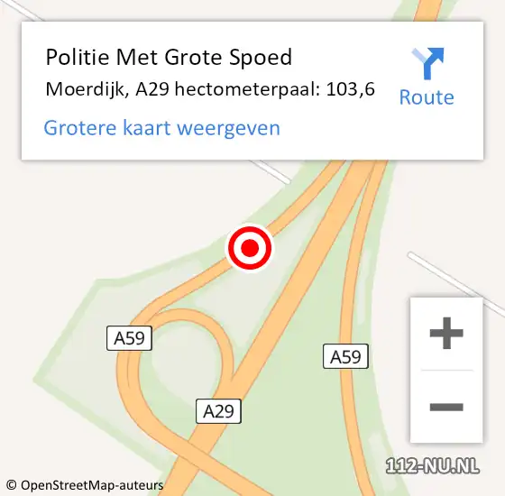 Locatie op kaart van de 112 melding: Politie Met Grote Spoed Naar Moerdijk, A29 hectometerpaal: 103,6 op 11 augustus 2023 23:57