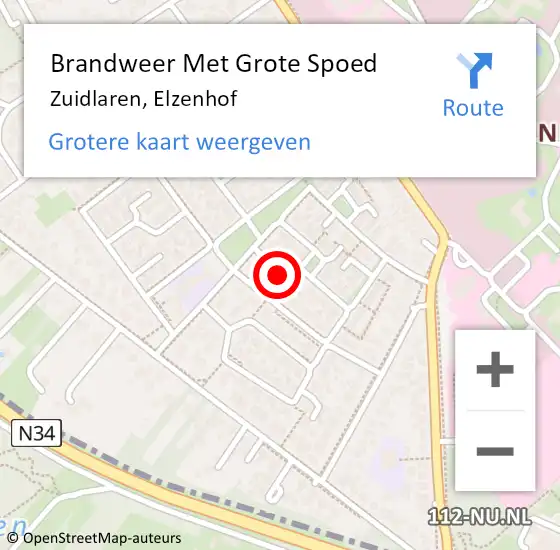 Locatie op kaart van de 112 melding: Brandweer Met Grote Spoed Naar Zuidlaren, Elzenhof op 12 augustus 2023 05:05